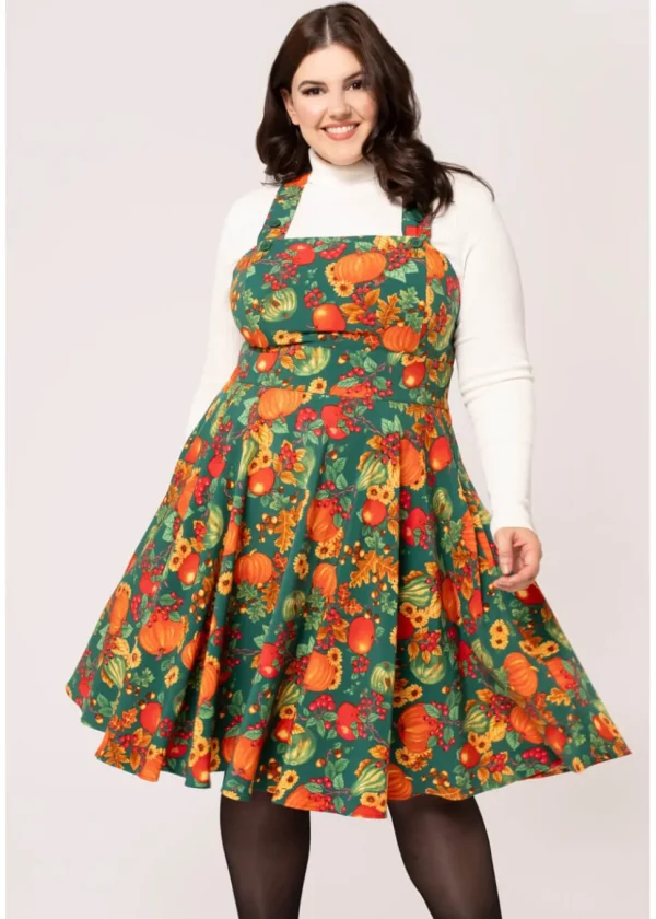 Hell Bunny Autumn Pumpkin 40's Pinafore Swing Dress Green