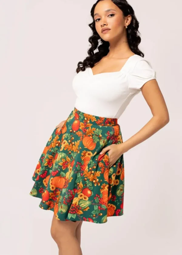 Hell Bunny Autumn Pumpkin 40's A-Line Skirt Green