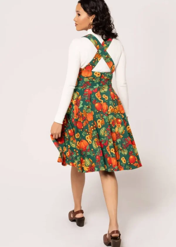 Hell Bunny Autumn Pumpkin 40's Pinafore Swing Dress Green