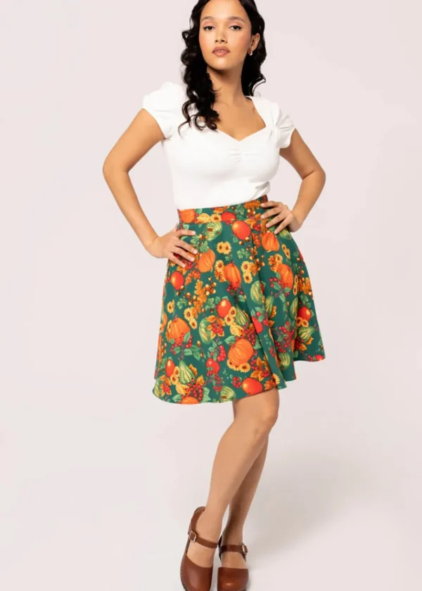 Hell Bunny Autumn Pumpkin 40's A-Line Skirt Green