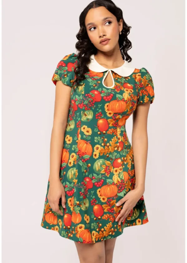 Hell Bunny Autumn Pumpkin 40's Mini Dress Green