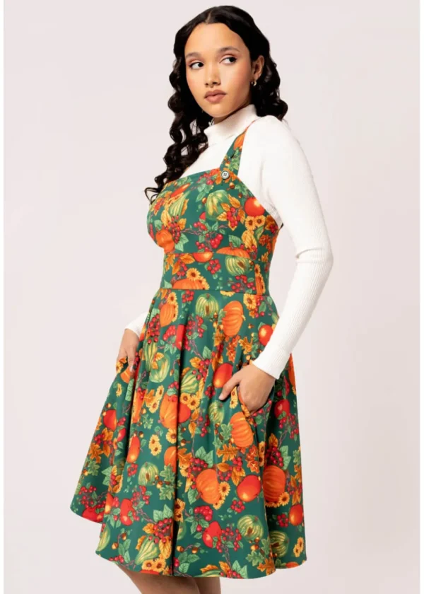 Hell Bunny Autumn Pumpkin 40's Pinafore Swing Dress Green