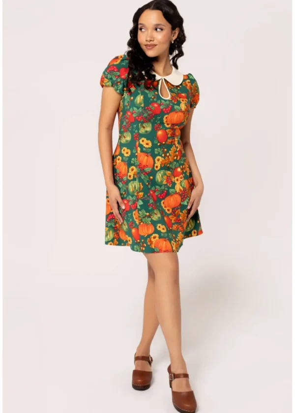 Hell Bunny Autumn Pumpkin 40's Mini Dress Green