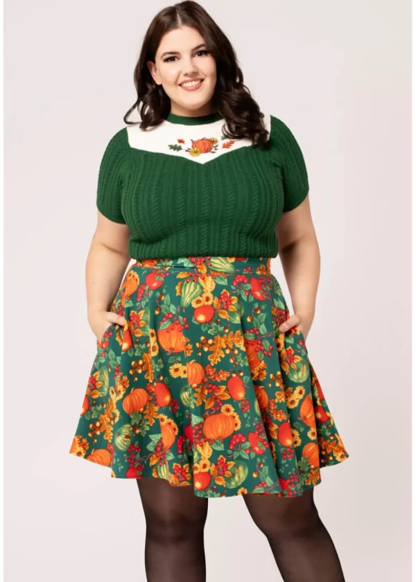 Hell Bunny Autumn Pumpkin 40's A-Line Skirt Green