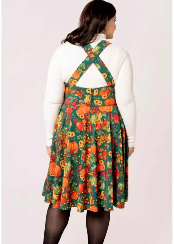 Hell Bunny Autumn Pumpkin 40's Pinafore Swing Dress Green