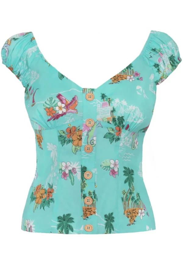 Hell Bunny Ayanna Tiki 50's Top Aqua Blue