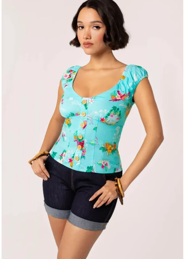 Hell Bunny Ayanna Tiki 50's Top Aqua Blue