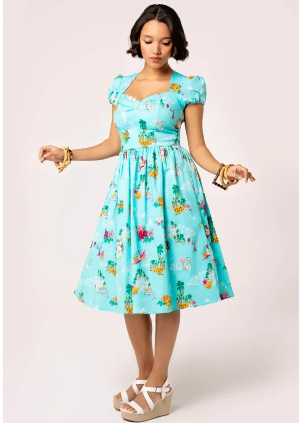 Hell Bunny Ayanna Tiki 50's Swing Dress Aqua