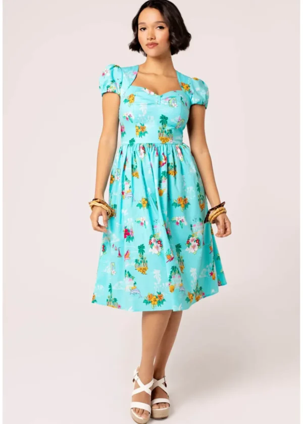 Hell Bunny Ayanna Tiki 50's Swing Dress Aqua