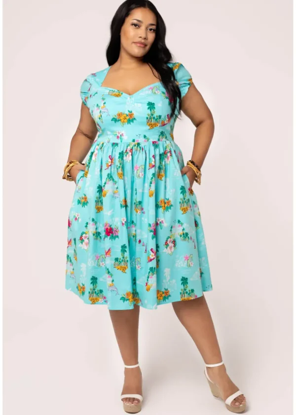 Hell Bunny Ayanna Tiki 50's Swing Dress Aqua