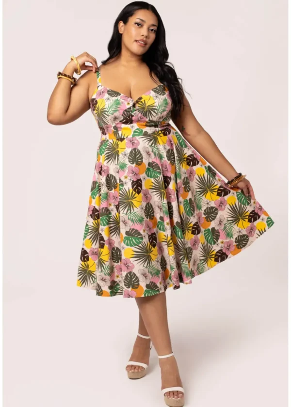 Hell Bunny Benita Tiki 50's Swing Dress in Beige