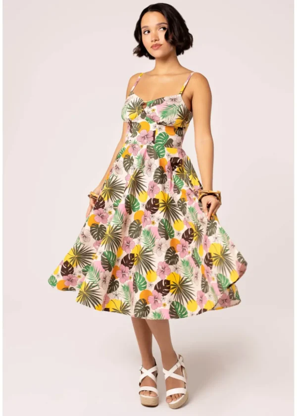 Hell Bunny Benita Tiki 50's Swing Dress in Beige