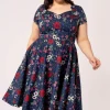 Hell Bunny Camellia Flowers 50's Midi Swing Dress Navy