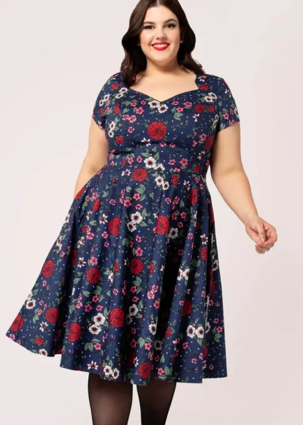 Hell Bunny Camellia Flowers 50's Midi Swing Dress Navy