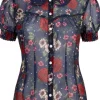 Hell Bunny Camellia Flowers 40's Blouse Navy Blue