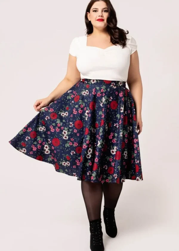 Hell Bunny Camellia Flowers 50's Swing Skirt Navy