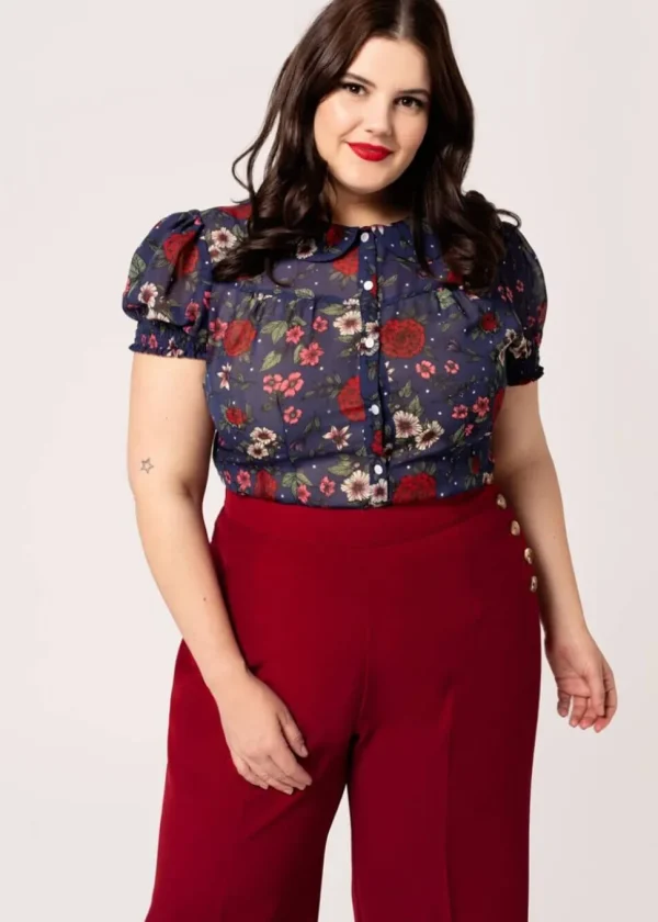Hell Bunny Camellia Flowers 40's Blouse Navy Blue