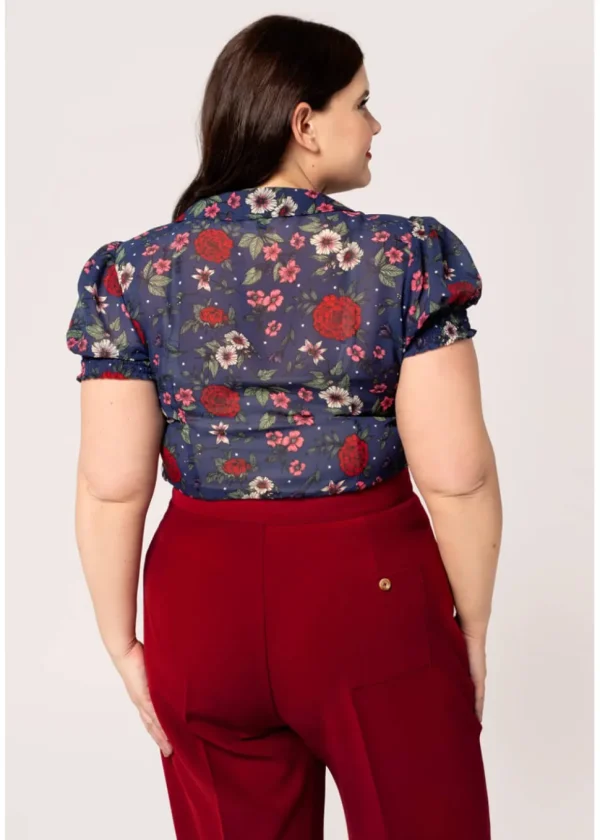 Hell Bunny Camellia Flowers 40's Blouse Navy Blue