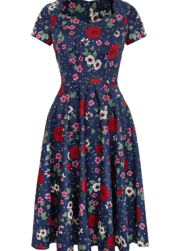 Hell Bunny Camellia Flowers 50's Midi Swing Dress Navy