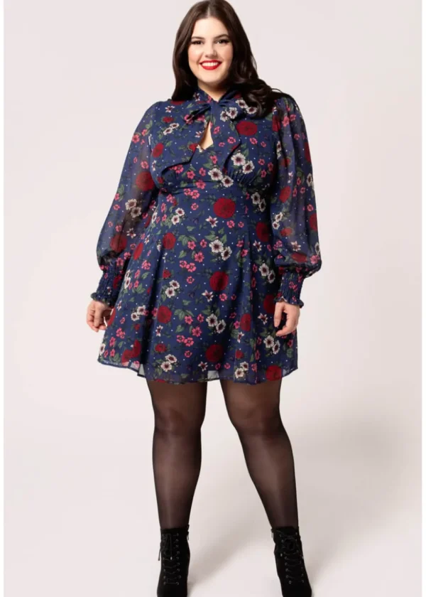 Hell Bunny Camellia Flowers 60's Mini Dress Navy