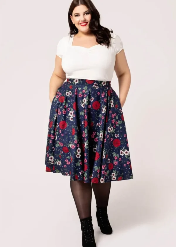 Hell Bunny Camellia Flowers 50's Swing Skirt Navy
