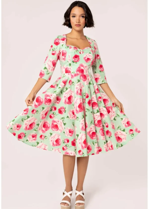 Hell Bunny Claire Roses 50's Swing Dress Mint