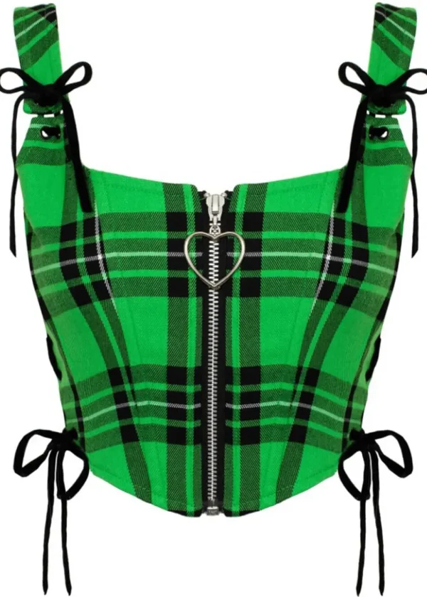 Hell Bunny Corey Tartan Heart 80's Corset Top Green