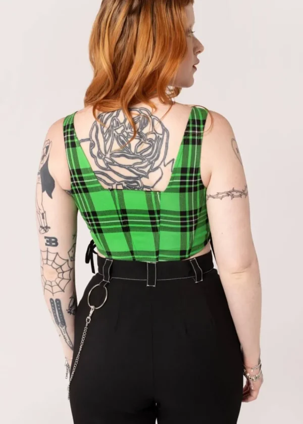 Hell Bunny Corey Tartan Heart 80's Corset Top Green