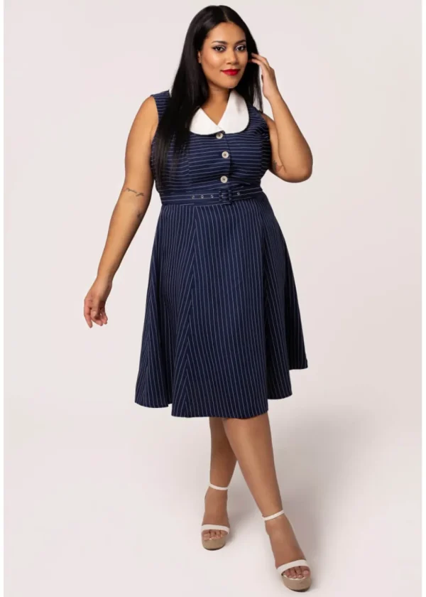 Hell Bunny Costello Pinstripe 40's Swing Dress Navy