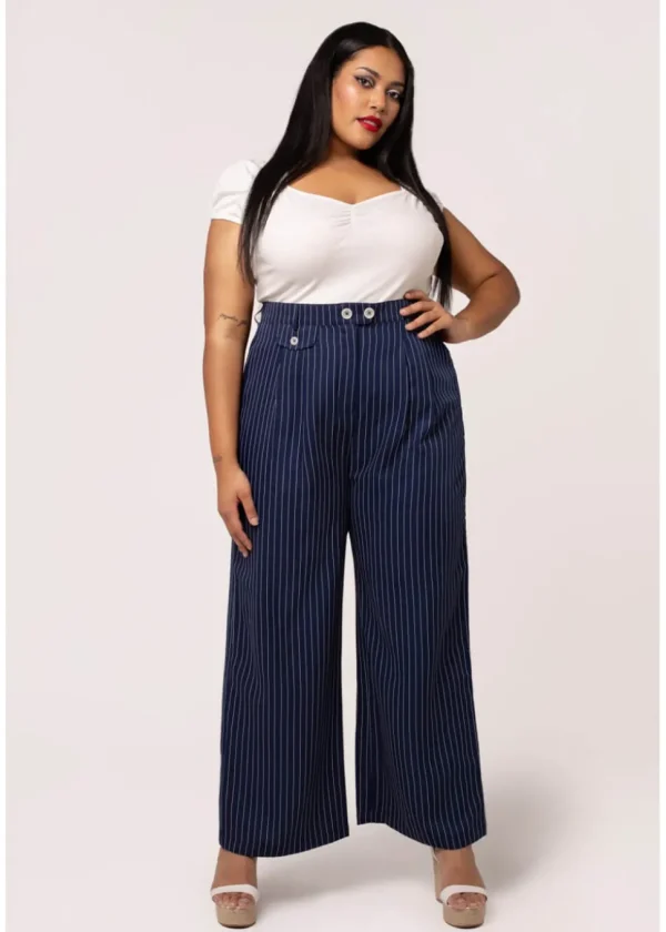 Hell Bunny Costello Pinstripe 40's Trousers Navy