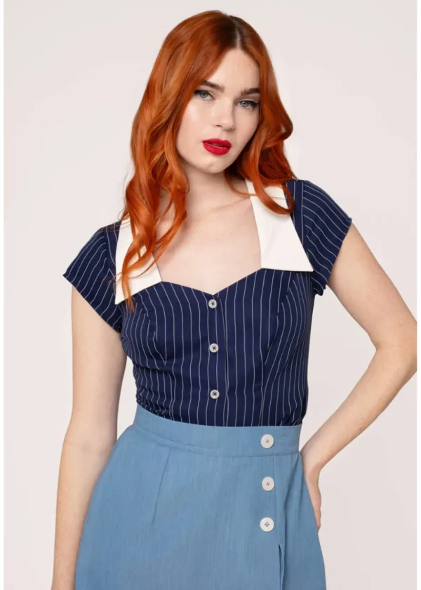 Hell Bunny Costello Pinstripe 40's Blouse Navy Blue