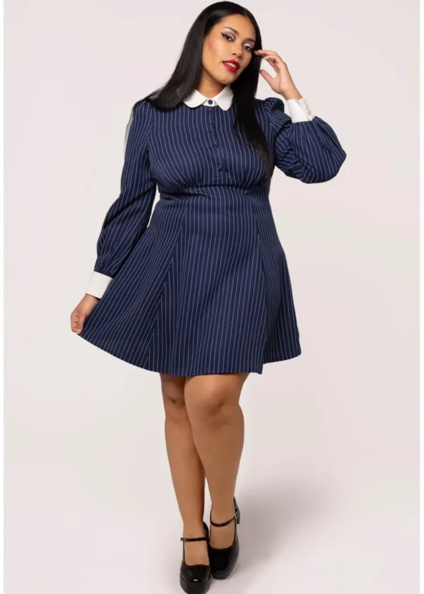 Hell Bunny Costello Pinstripe 40's Short Dress Navy