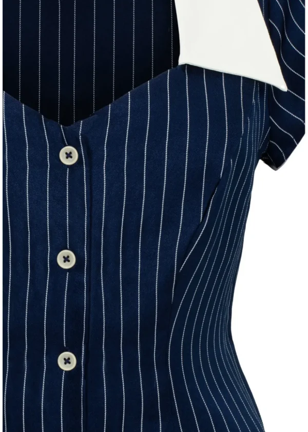 Hell Bunny Costello Pinstripe 40's Blouse Navy Blue