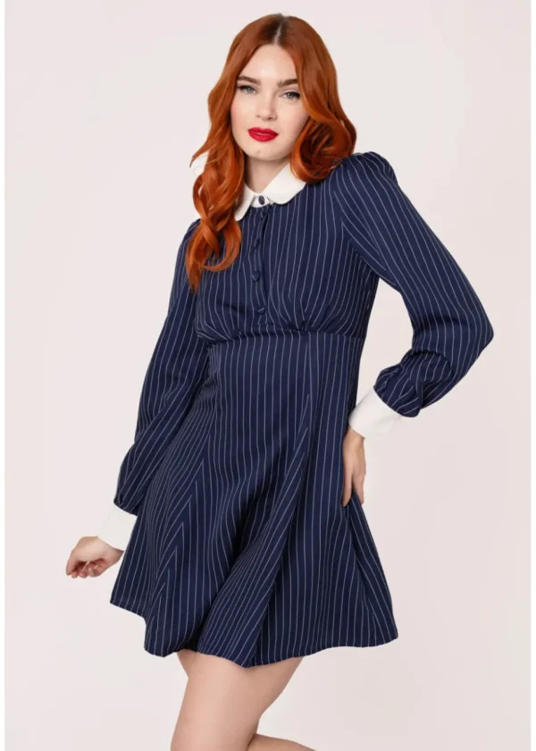Hell Bunny Costello Pinstripe 40's Short Dress Navy