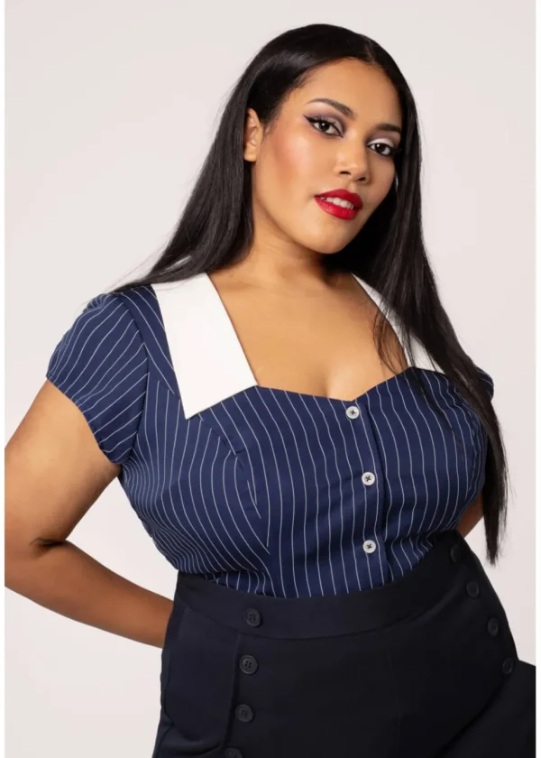 Hell Bunny Costello Pinstripe 40's Blouse Navy Blue