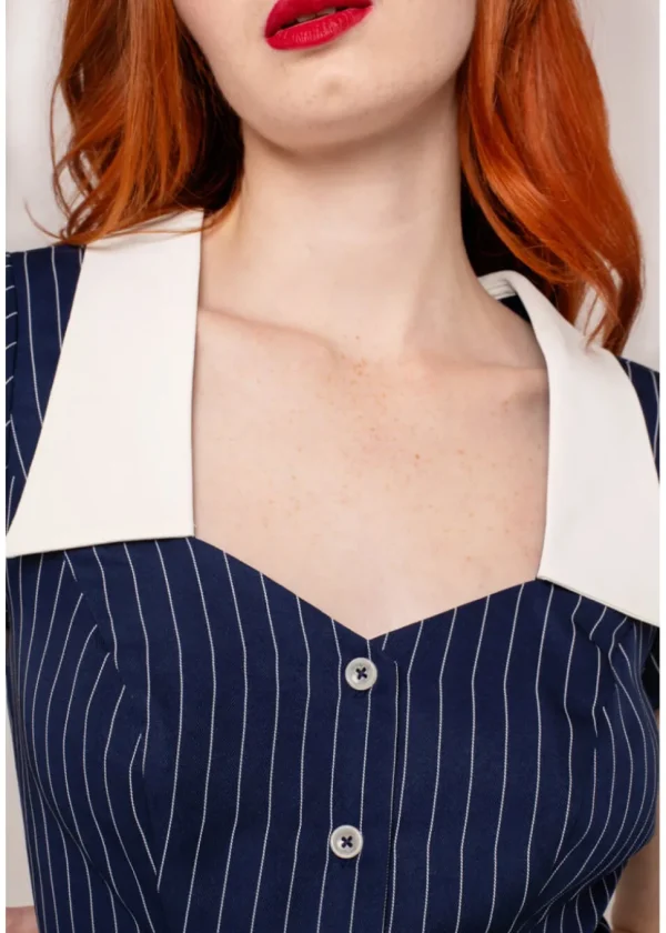 Hell Bunny Costello Pinstripe 40's Blouse Navy Blue