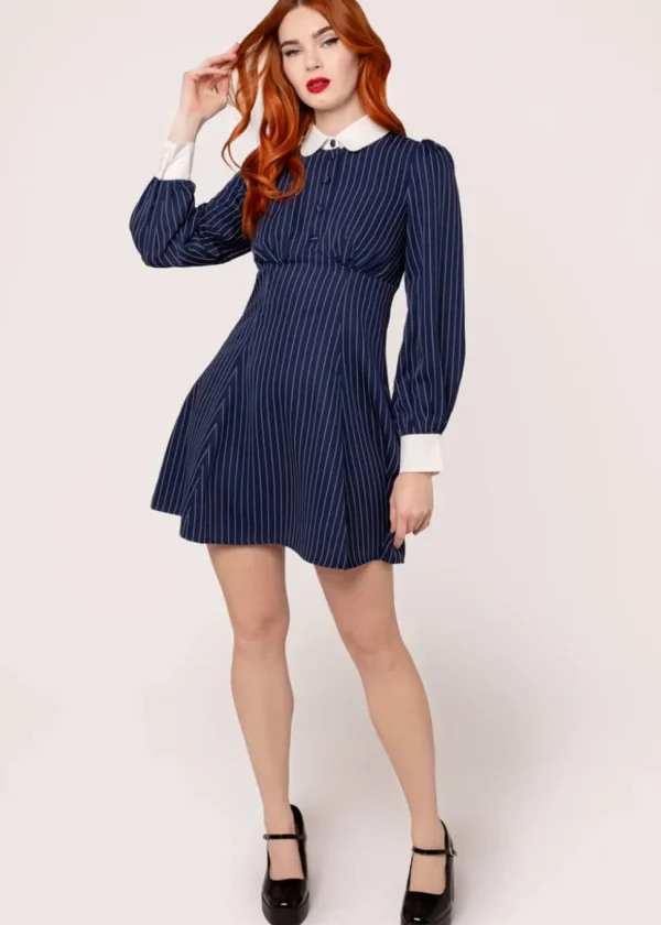 Hell Bunny Costello Pinstripe 40's Short Dress Navy