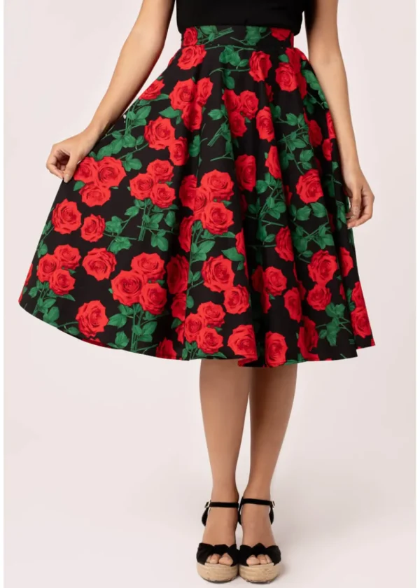 Hell Bunny Dolce Vita Roses 50's Swing Skirt Black