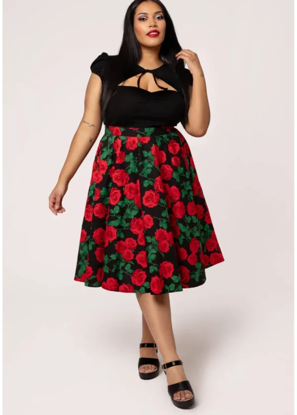 Hell Bunny Dolce Vita Roses 50's Swing Skirt Black