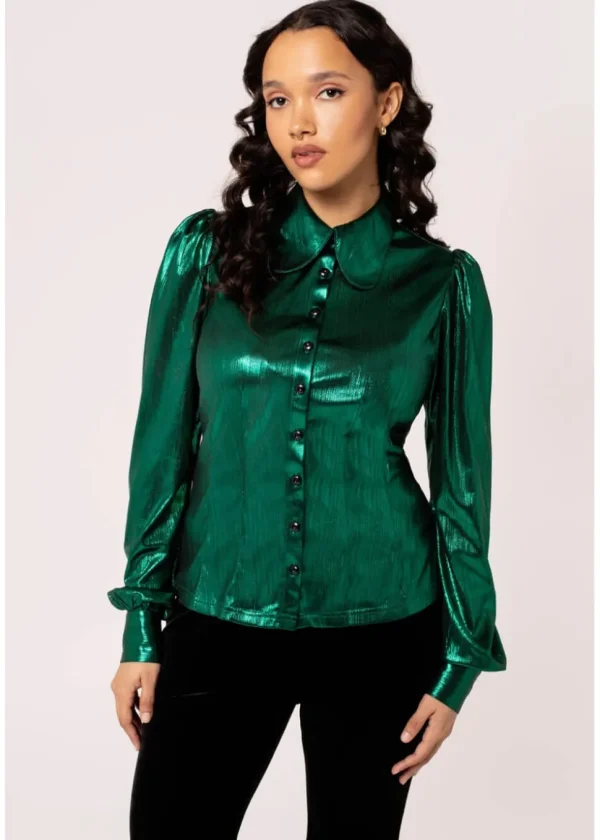 Hell Bunny Gigi Metallic 70's Blouse Green