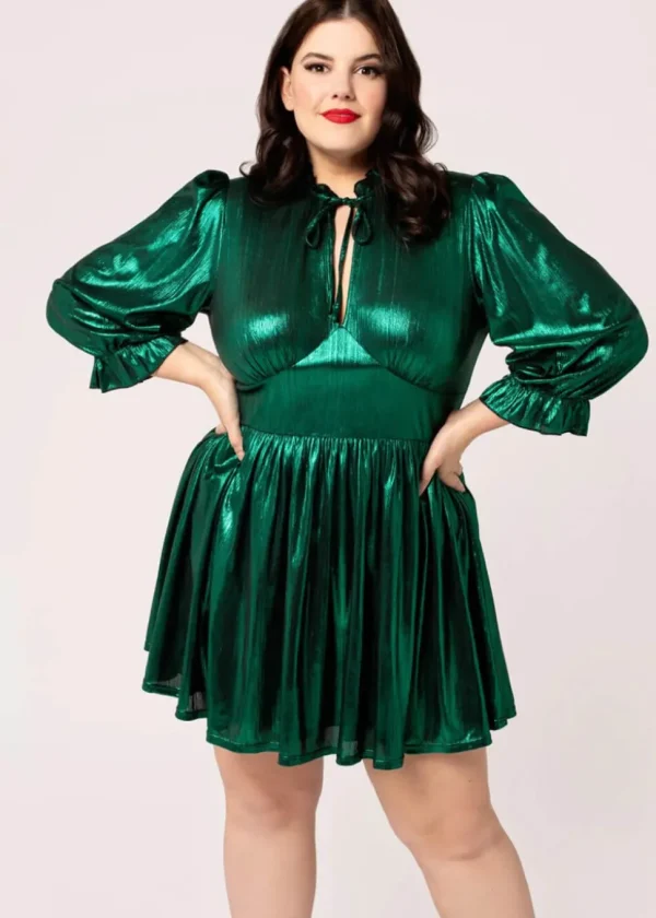 Hell Bunny Gigi Metallic 70's Mini Dress Green
