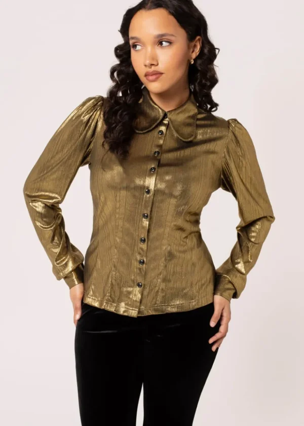 Hell Bunny Gigi Metallic 70's Blouse Gold