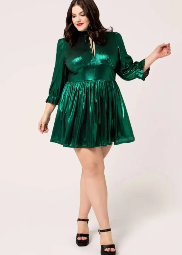 Hell Bunny Gigi Metallic 70's Mini Dress Green