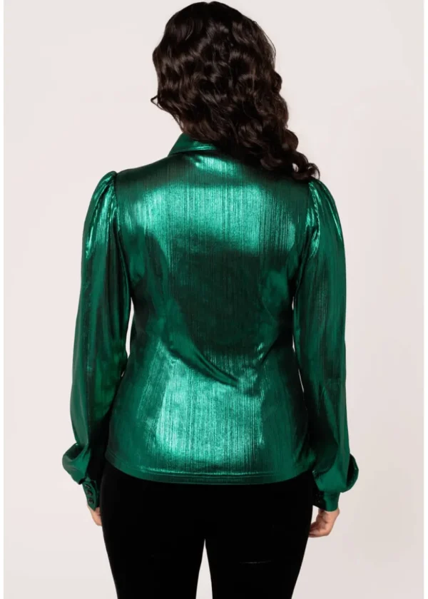 Hell Bunny Gigi Metallic 70's Blouse Green