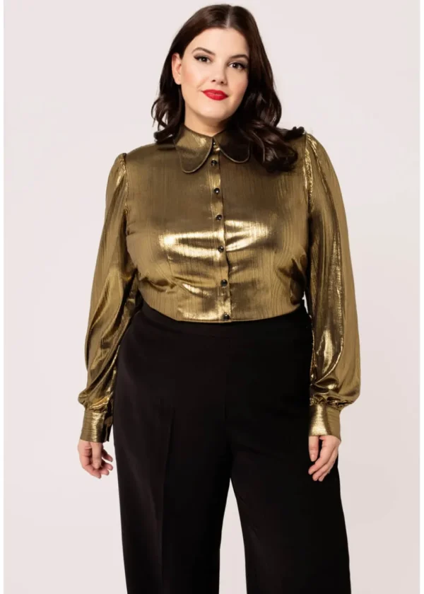 Hell Bunny Gigi Metallic 70's Blouse Gold