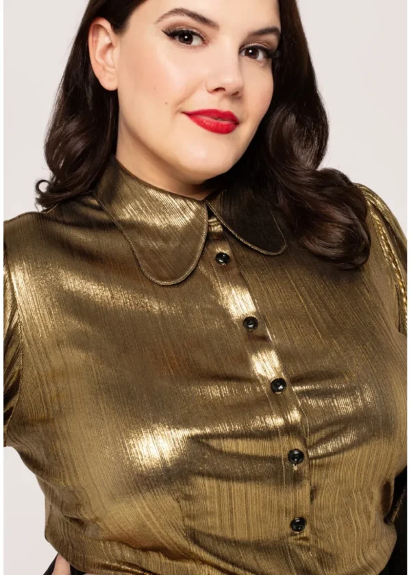 Hell Bunny Gigi Metallic 70's Blouse Gold