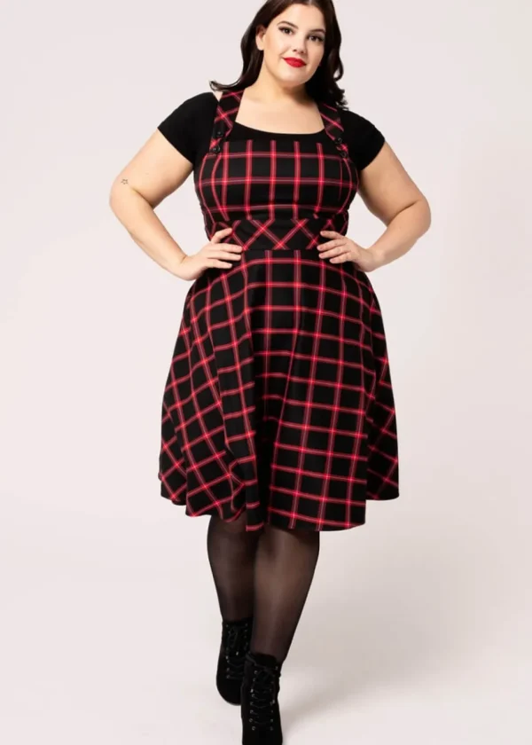 Hell Bunny Janine Tartan Pinafore 40's Swing Dress Black Red