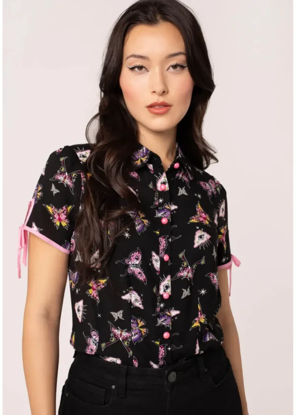 Hell Bunny Kocho Butterfly 40's Blouse Black