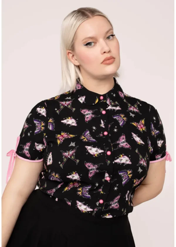 Hell Bunny Kocho Butterfly 40's Blouse Black