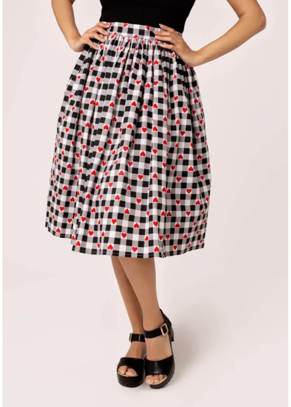 Hell Bunny Leonie Gingham Hearts 50's Swing Skirt Black White
